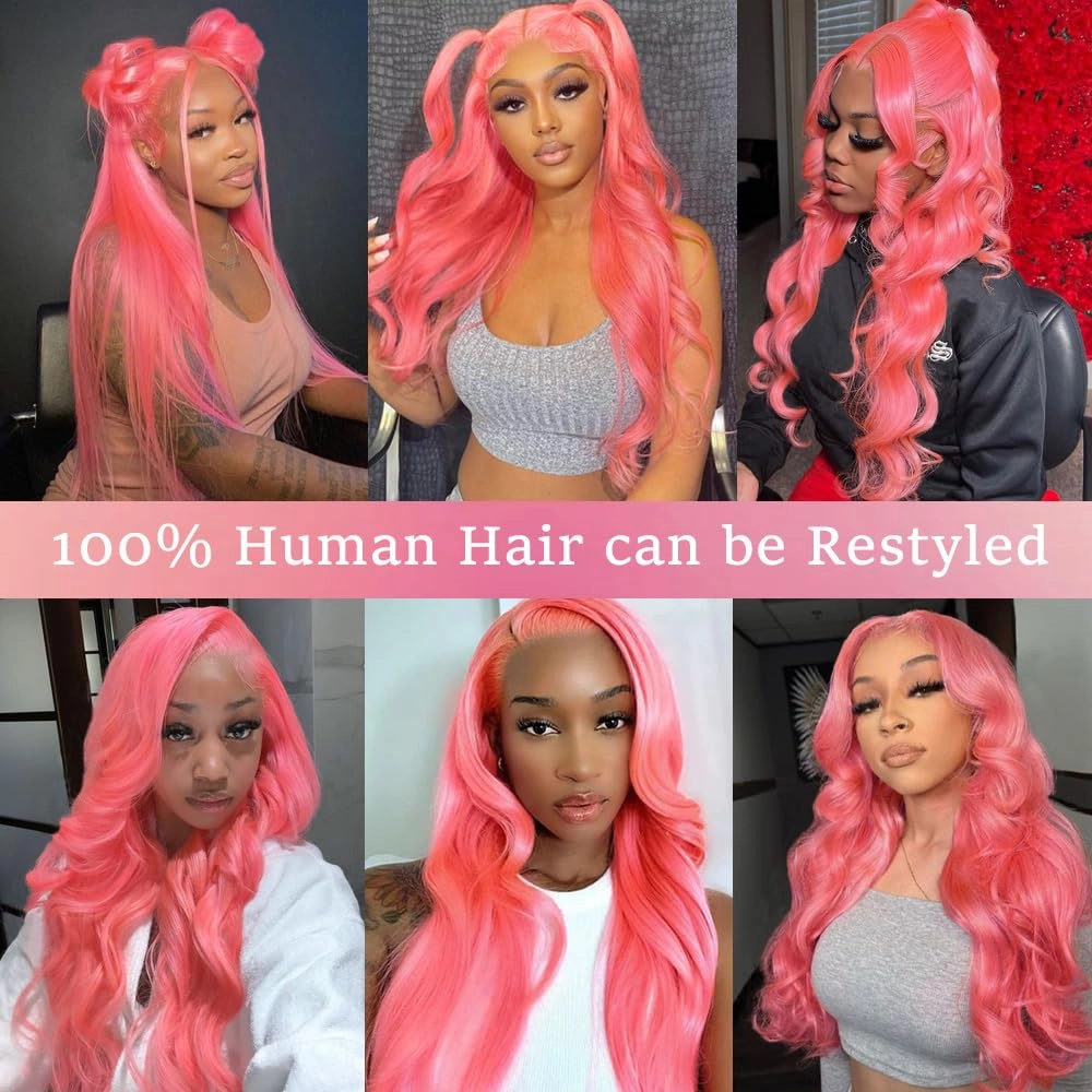 Pink Lace Front Wig Human Hair 13x4 Hd Lace Pink Body Wave Lace Front Wig Human Hair with Baby Hair Colored Wig Human Hair Pre Plucked 180% Density 18 Inch