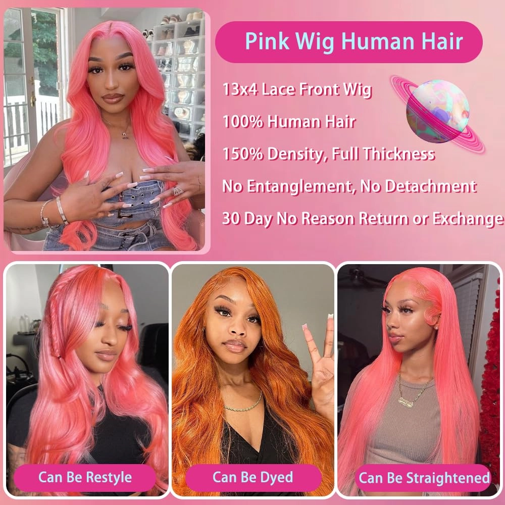 Pink Lace Front Wig Human Hair 13x4 Hd Lace Pink Body Wave Lace Front Wig Human Hair with Baby Hair Colored Wig Human Hair Pre Plucked 180% Density 18 Inch