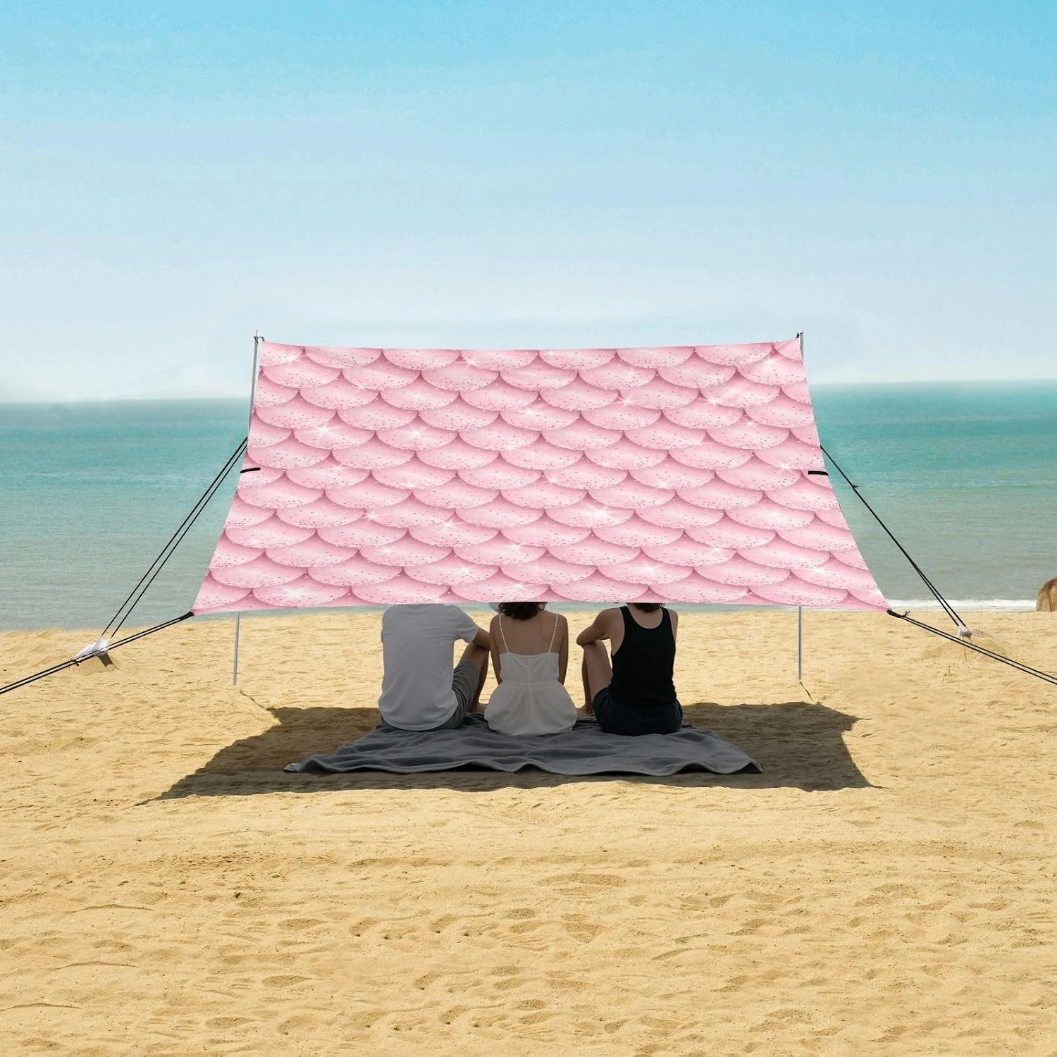 Pink Mermaid Scales Beach Canopy Tent Anti-UV & Wind Resistant, Glitter Sparkle Shiny Camping Sun Shelter Easy Setup Portable,Outdoor Shade Tents with Sandbags,Sand Shovels,Ground Pegs & Stabili