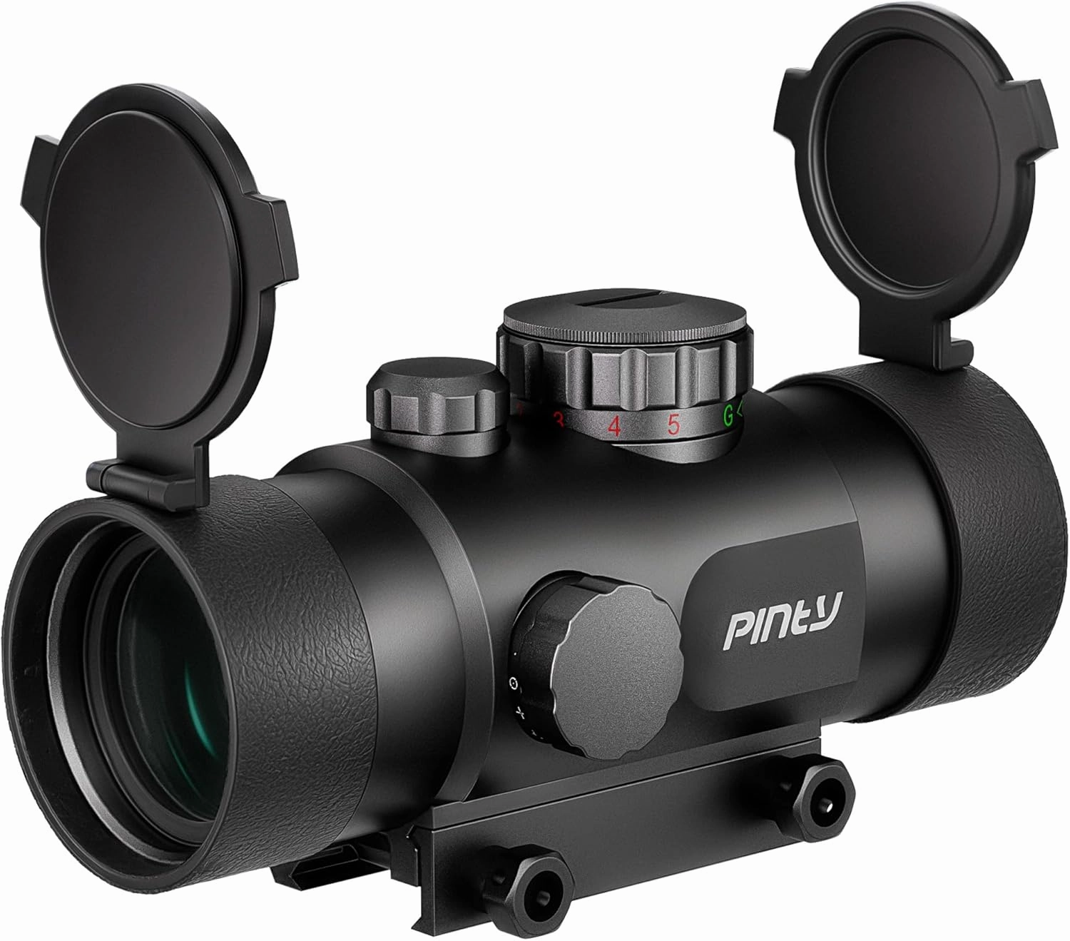 PINTY Red Green Dot Sight, 2 MOA Tactical Reflex Sight with 4 Reticle Patterns 5 Brightness Levels Flip Up Lens Cover for Rifle, 1x22mm Compact Rifle Scope Sight Fits 20mm Picatinny Weaver Rail