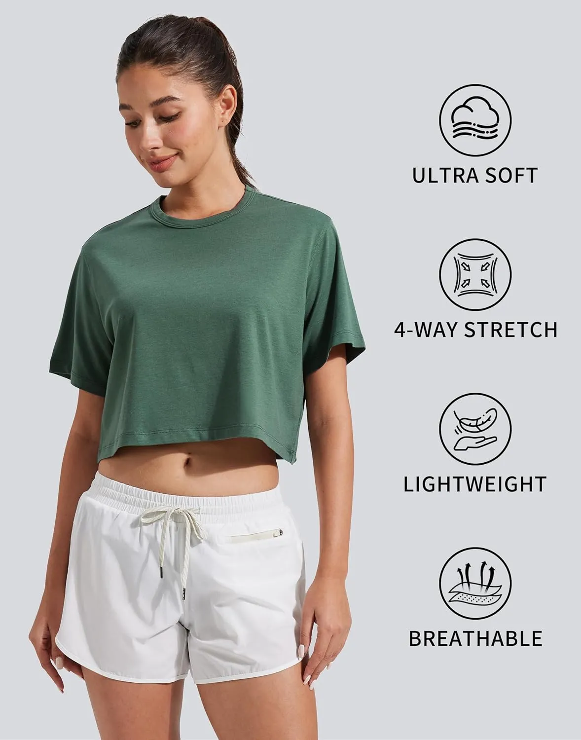 Pioneer Camp Bamboo Viscose Workout Crop Tops for Women Short Sleeve Loose T-Shirts Cropped Athletic Gym Running Yoga Tee