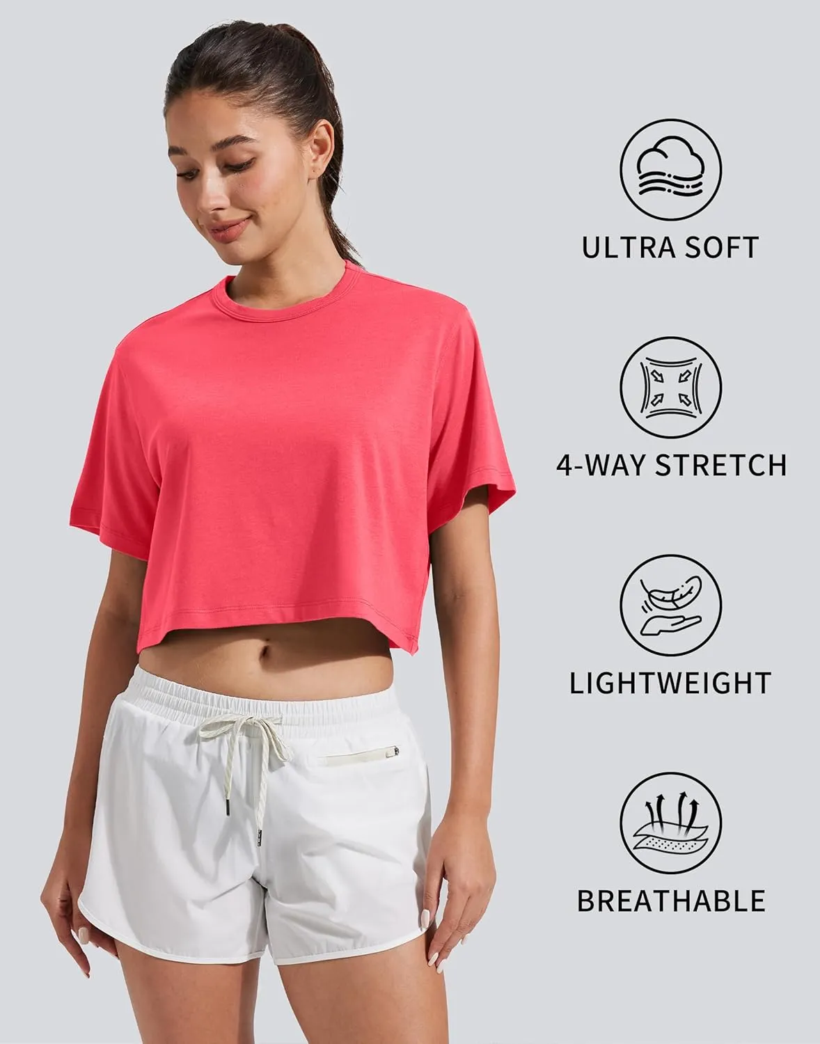 Pioneer Camp Bamboo Viscose Workout Crop Tops for Women Short Sleeve Loose T-Shirts Cropped Athletic Gym Running Yoga Tee