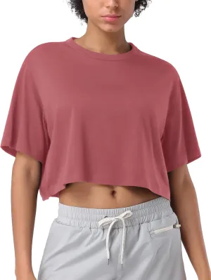 Pioneer Camp Bamboo Viscose Workout Crop Tops for Women Short Sleeve Loose T-Shirts Cropped Athletic Gym Running Yoga Tee