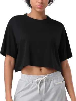 Pioneer Camp Bamboo Viscose Workout Crop Tops for Women Short Sleeve Loose T-Shirts Cropped Athletic Gym Running Yoga Tee