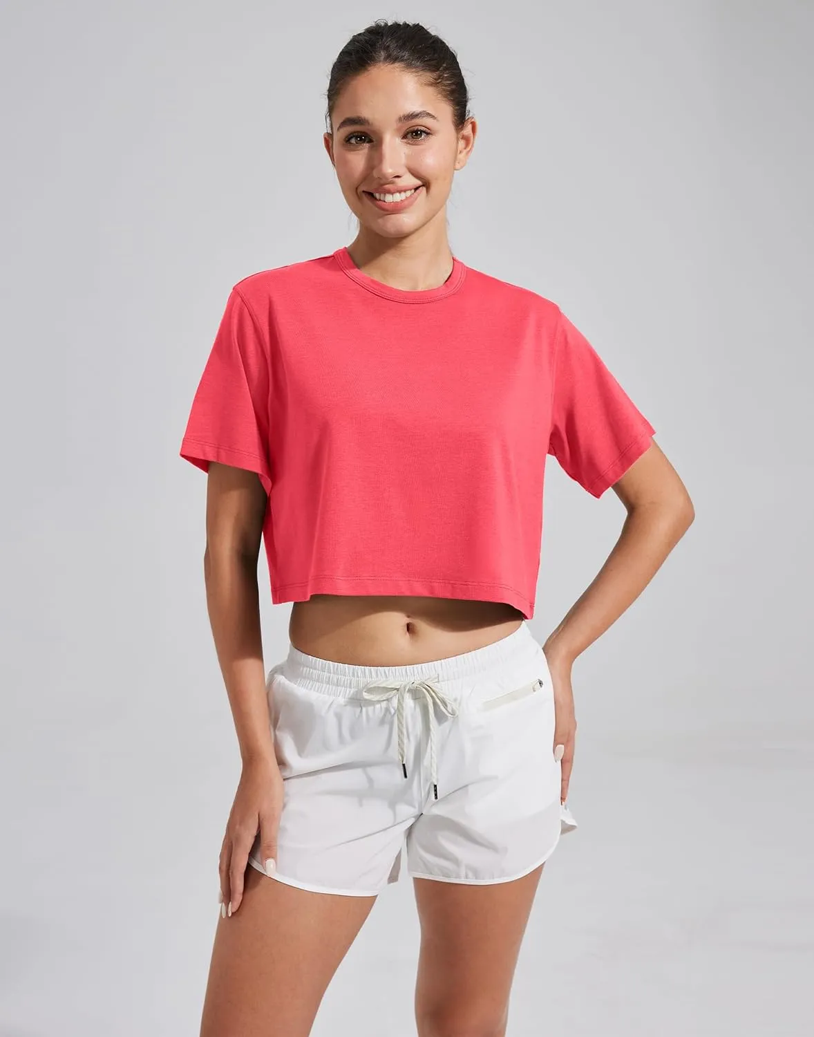 Pioneer Camp Bamboo Viscose Workout Crop Tops for Women Short Sleeve Loose T-Shirts Cropped Athletic Gym Running Yoga Tee