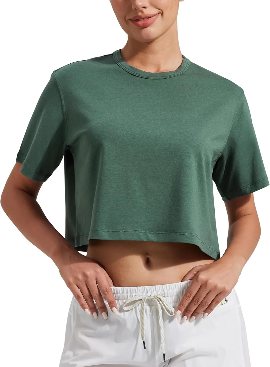 Pioneer Camp Bamboo Viscose Workout Crop Tops for Women Short Sleeve Loose T-Shirts Cropped Athletic Gym Running Yoga Tee