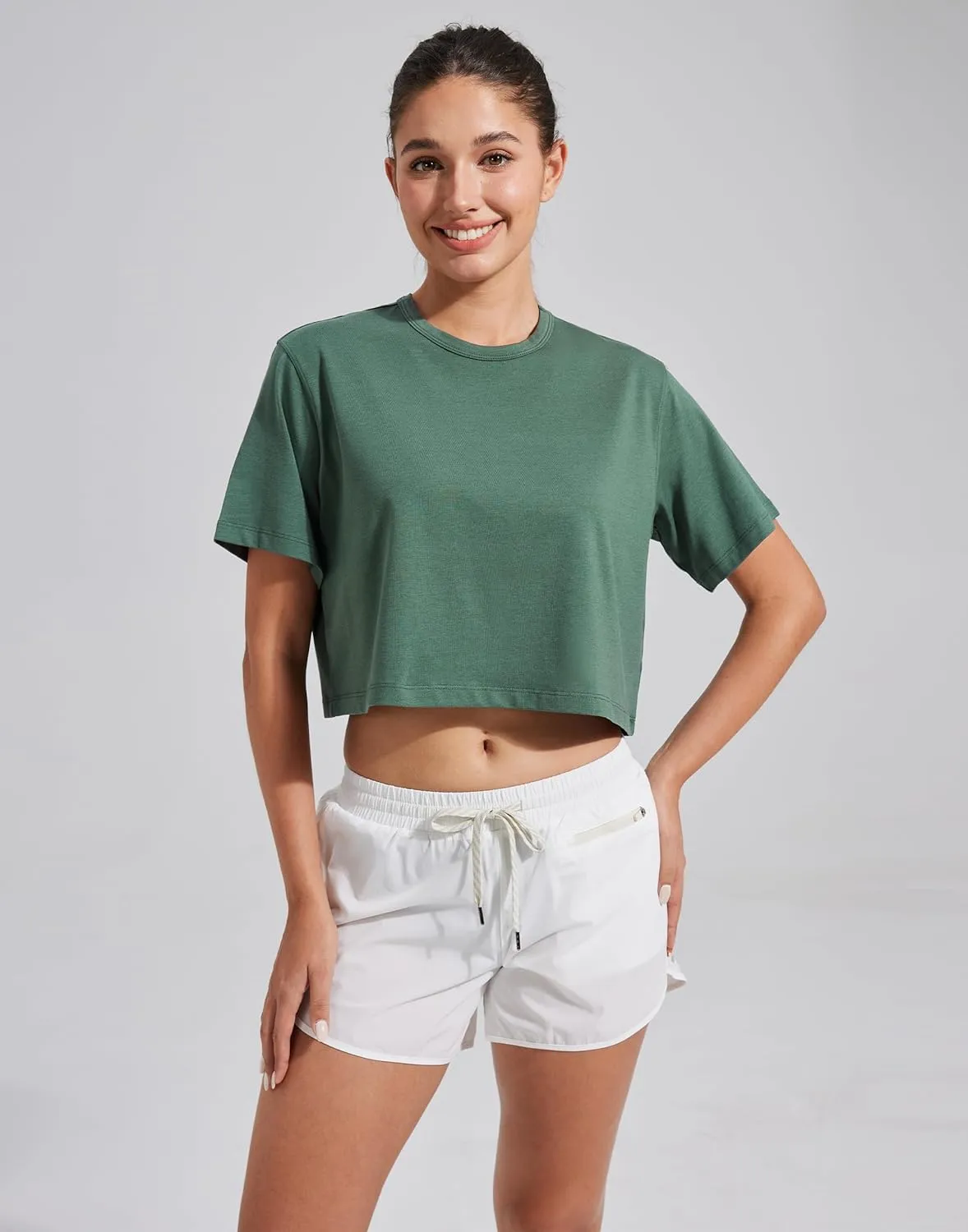 Pioneer Camp Bamboo Viscose Workout Crop Tops for Women Short Sleeve Loose T-Shirts Cropped Athletic Gym Running Yoga Tee