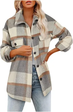 Plaid Shacket Jackets For Women Trendy 2023 Casual Oversized Flannel Shirts Long Sleeve Button Down Shirt Coats