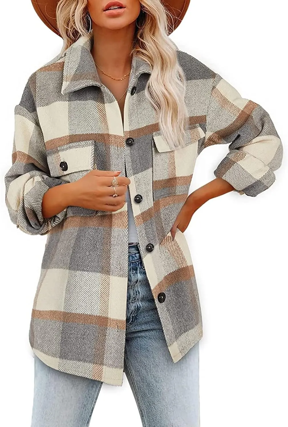 Plaid Shacket Jackets For Women Trendy 2023 Casual Oversized Flannel Shirts Long Sleeve Button Down Shirt Coats