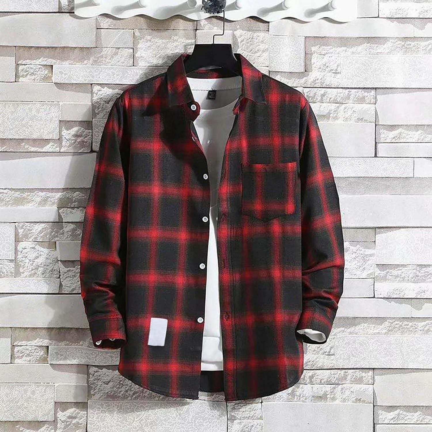 Plaid Shirt of Men Long Sleeve Button Down Lapel Collar Checkered Shirts Regular Fit Casual Coat for Spring and Fall