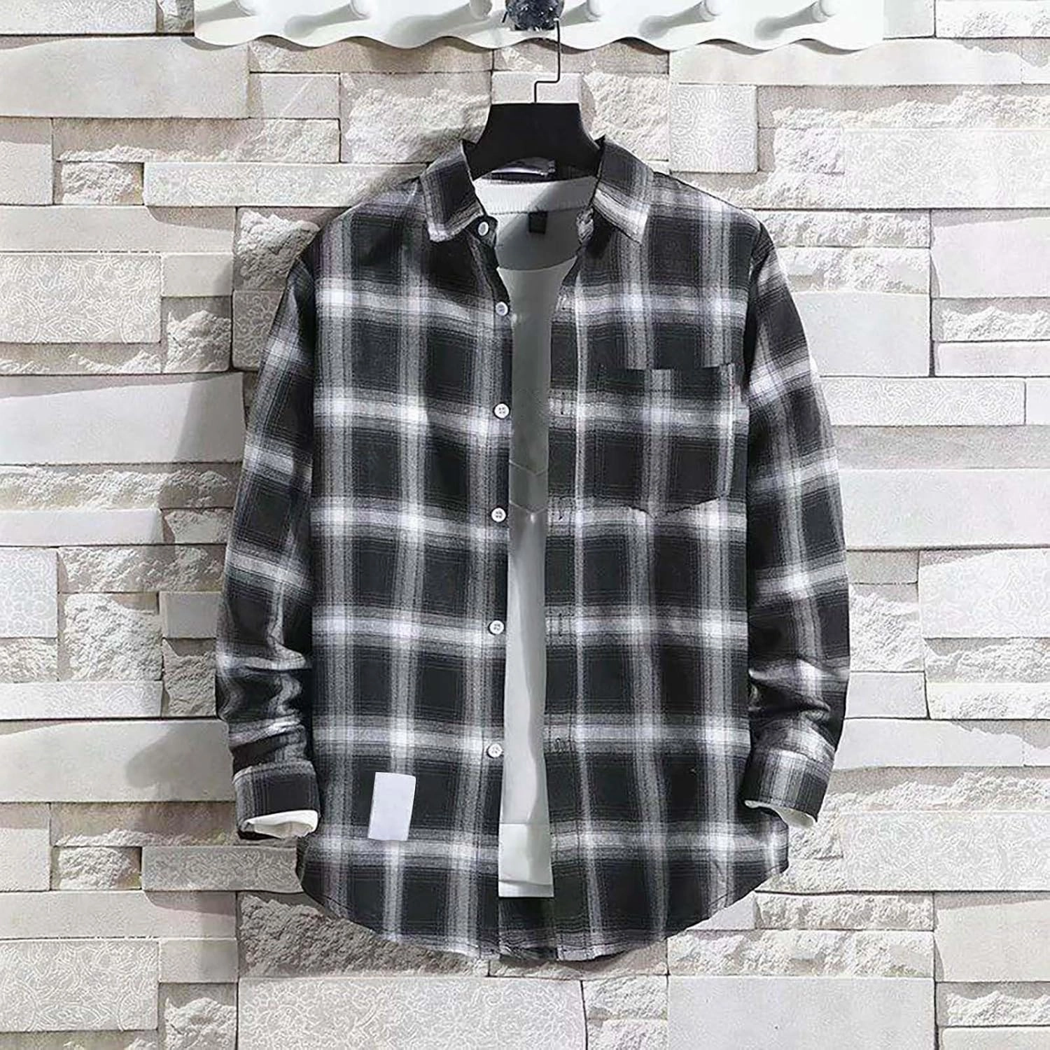 Plaid Shirt of Men Long Sleeve Button Down Lapel Collar Checkered Shirts Regular Fit Casual Coat for Spring and Fall