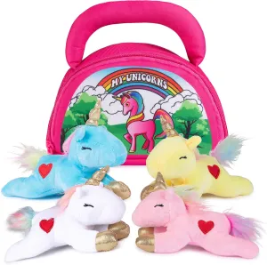 Plush Creations Talking Unicorn Plush Toy Set Includes 4 Talking Soft Stuffed Unicorns for Girls, A Pink, Blue, White, & Yellow Plush Unicorn Doll with A Pink Carrier, Great Gift for Baby and Toddler
