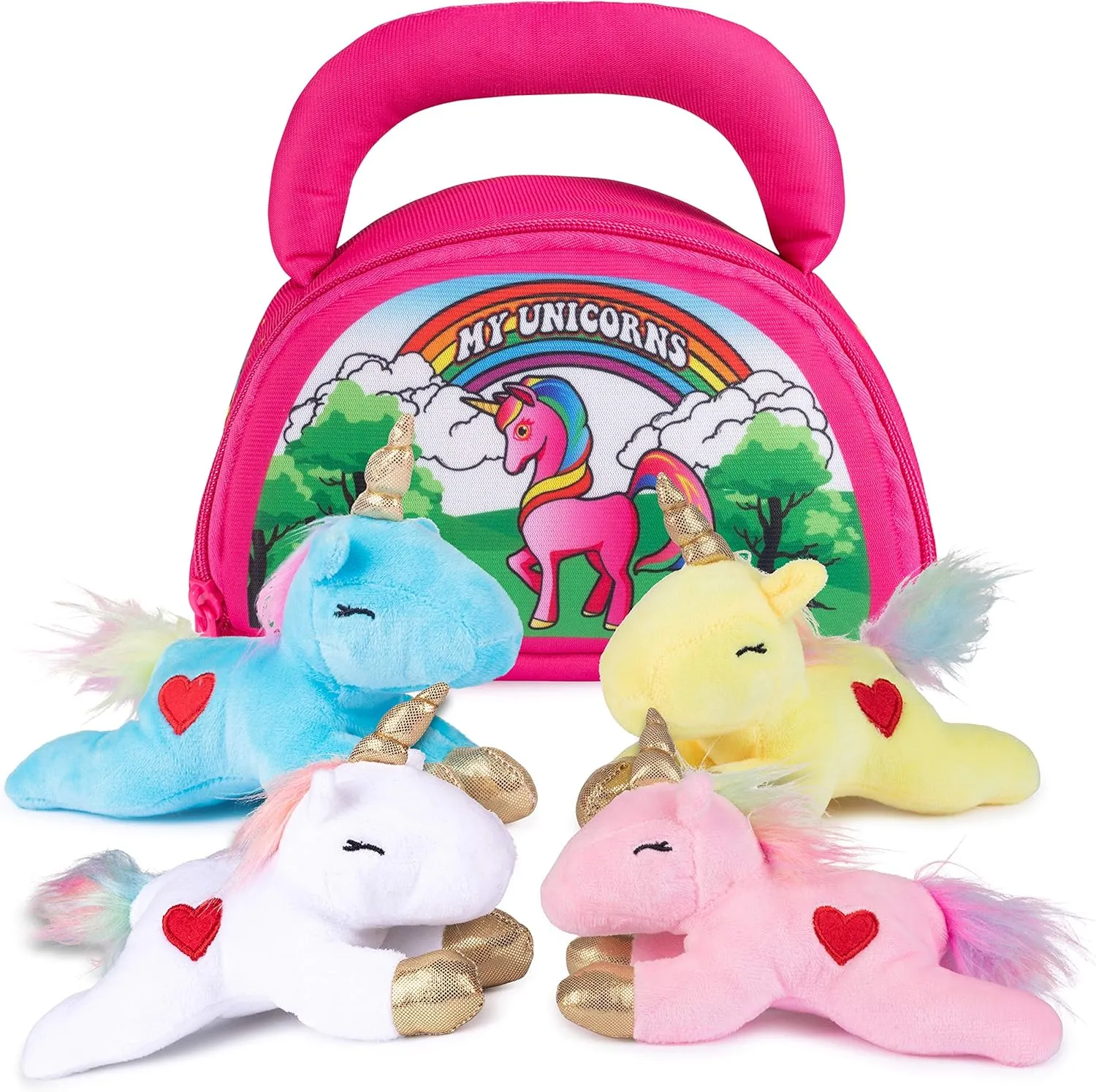 Plush Creations Talking Unicorn Plush Toy Set Includes 4 Talking Soft Stuffed Unicorns for Girls, A Pink, Blue, White, & Yellow Plush Unicorn Doll with A Pink Carrier, Great Gift for Baby and Toddler
