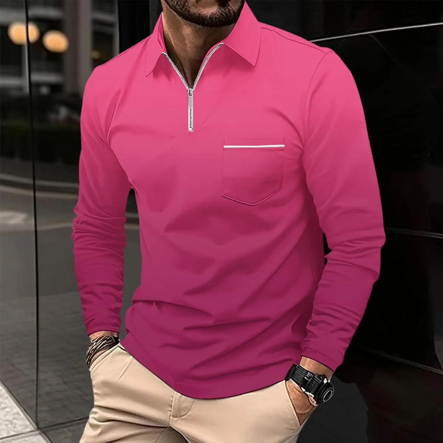 Polo Shirt and Autumn Casual Business Gradient Color Fashion Printing Long Sleeve Lapel Zipper Pocket Sports Shirt