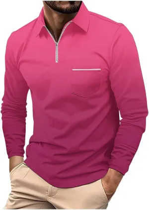 Polo Shirt and Autumn Casual Business Gradient Color Fashion Printing Long Sleeve Lapel Zipper Pocket Sports Shirt