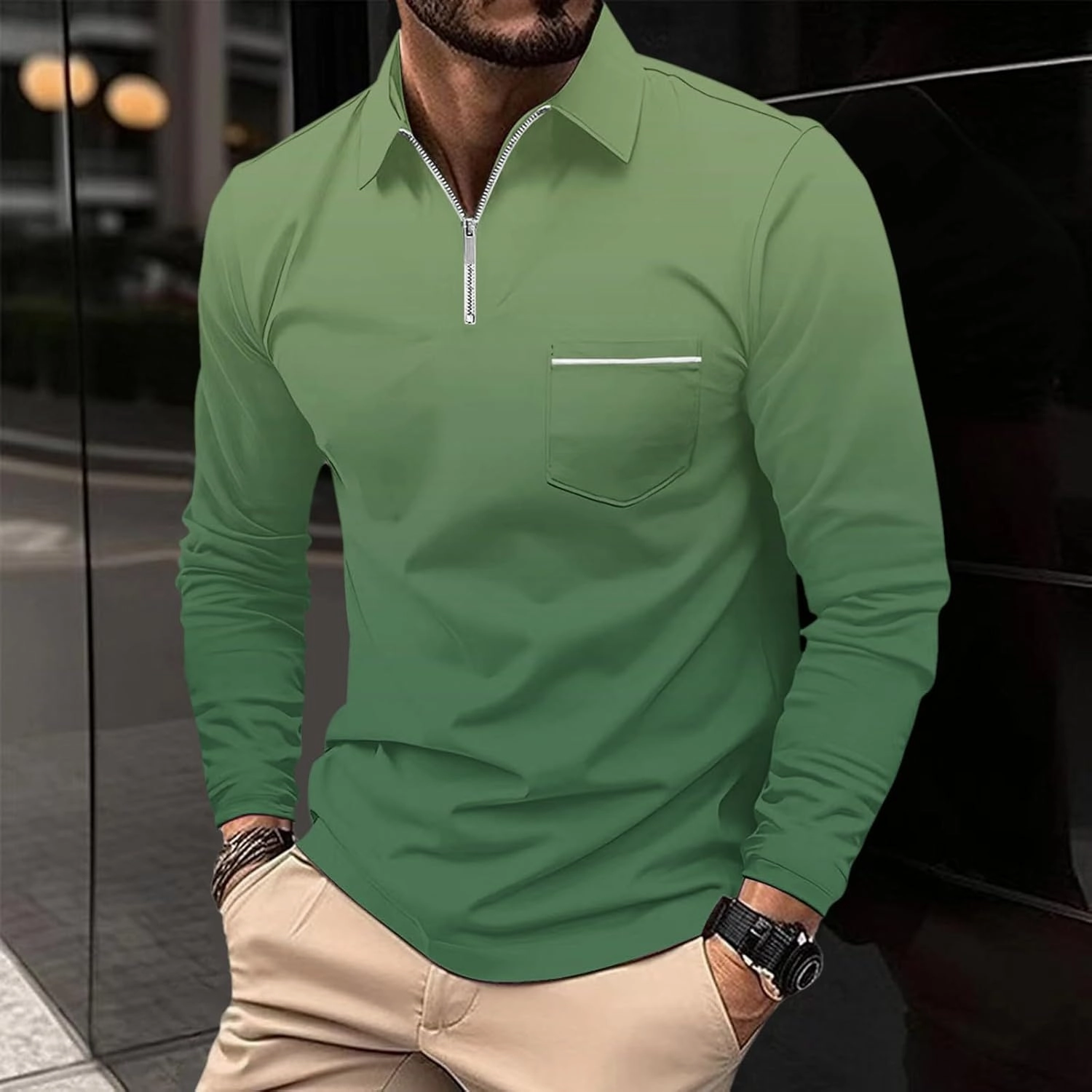 Polos for Men 2025 Casual Business Gradient Color Fashion Printing Long Sleeve Lapel Zipper Pocket Sports Shirt Mens