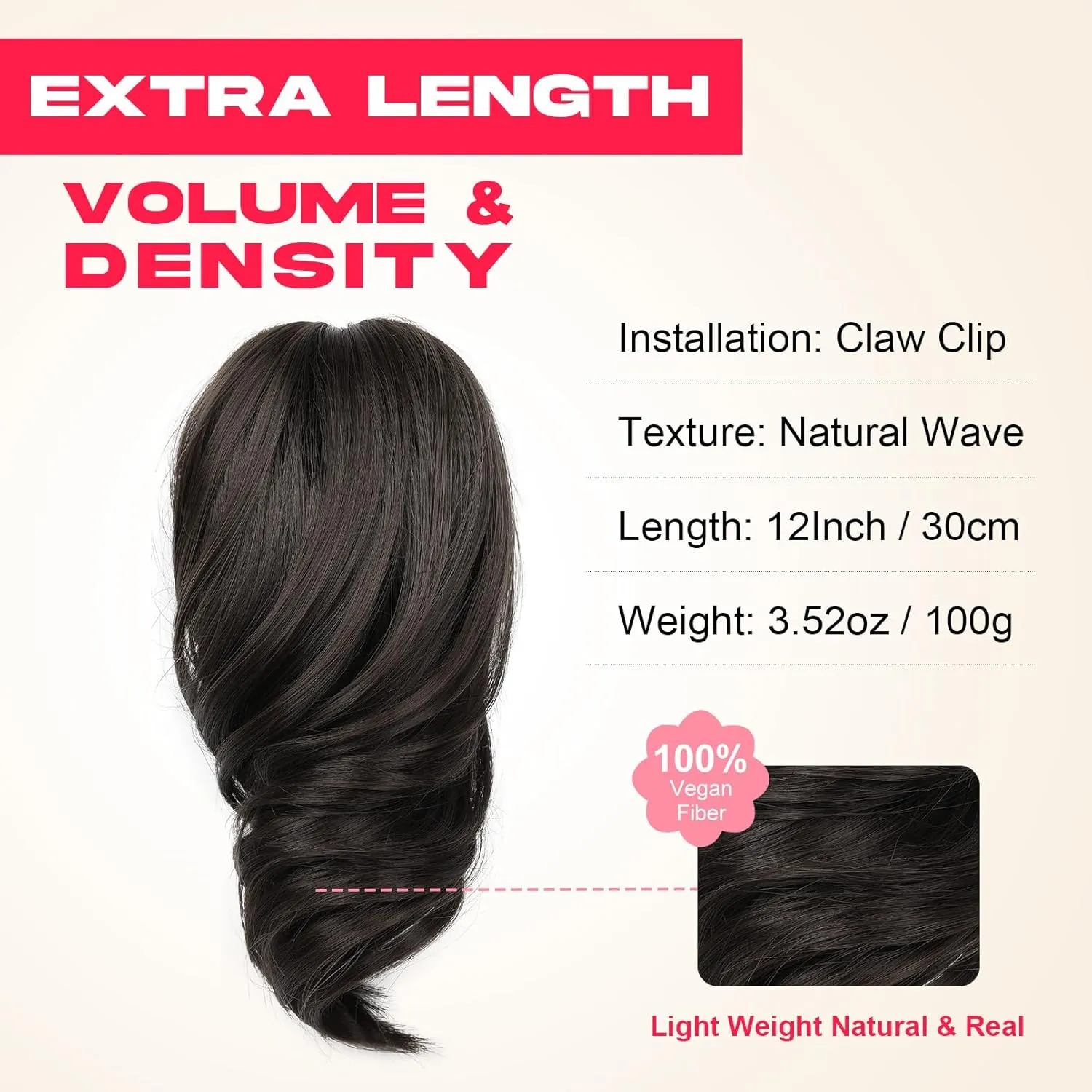 Ponytail Extension, 12" Claw Clip in Ponytail Hair Extensions Natural Soft Synthetic Natural Wave Pony Tail Hair Pieces for Women - Black Brown