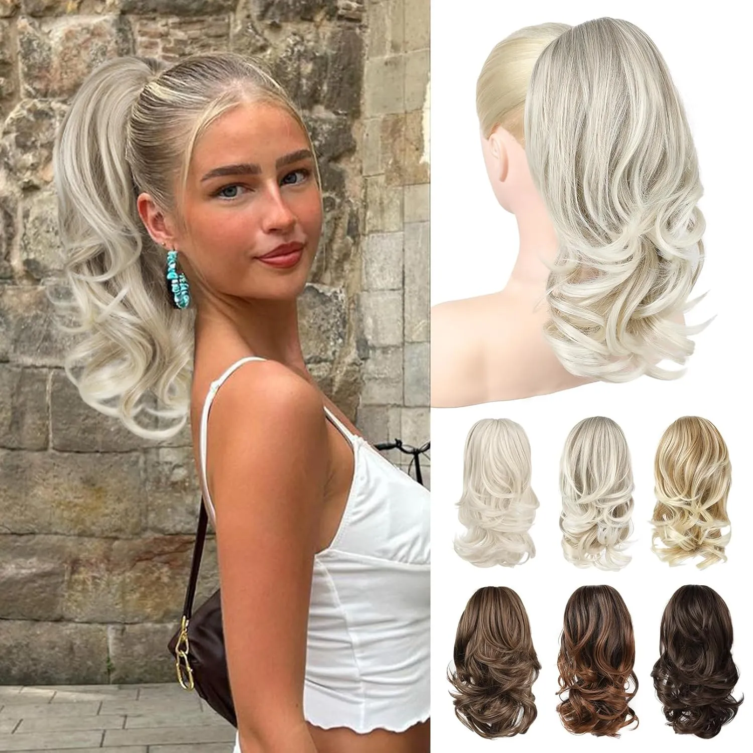 Ponytail Extension, 14" Claw Clip in Ponytail Hair Extensions Natural Soft Synthetic Layered Wavy Pony Tail Hair Pieces for Women - Ash Brown with White Ends