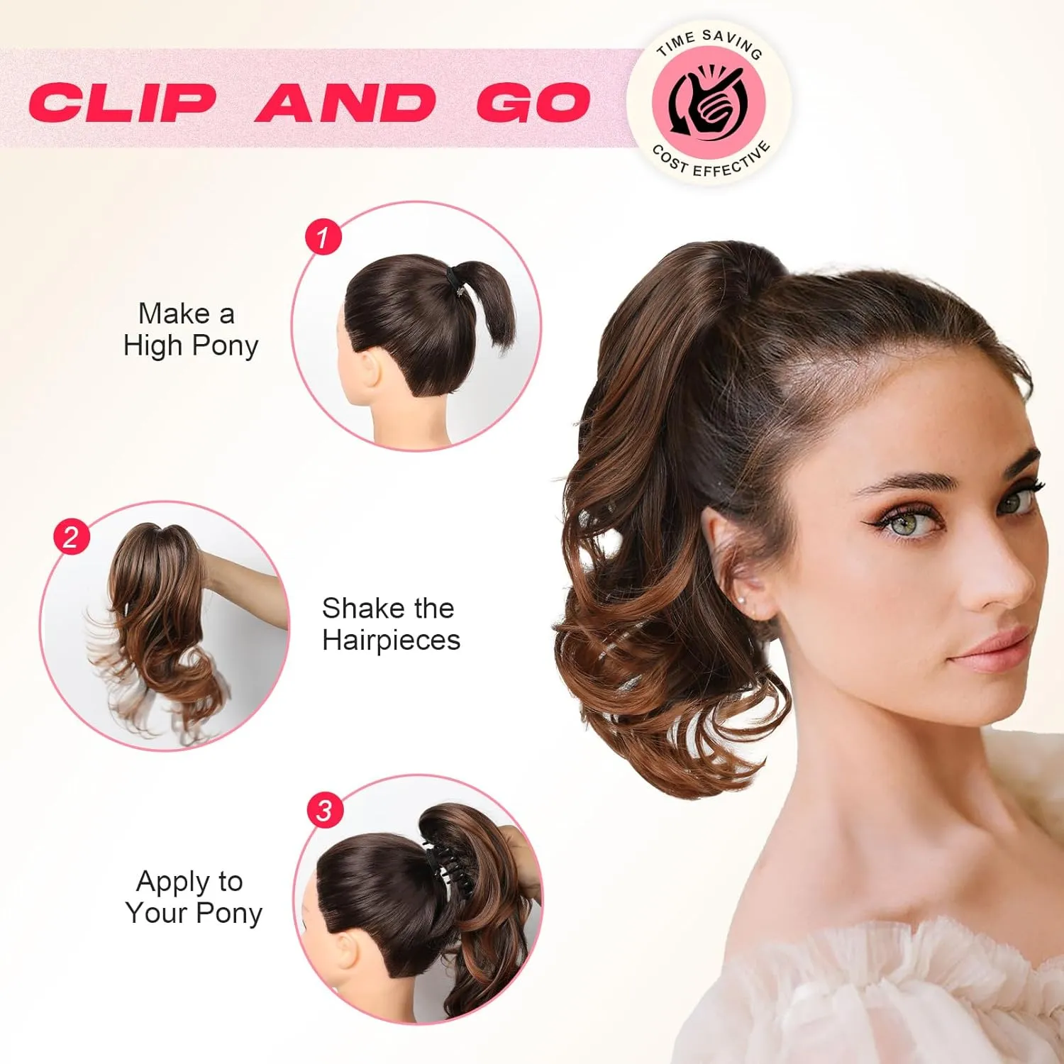 Ponytail Extension, 14" Claw Clip in Ponytail Hair Extensions Natural Soft Synthetic Layered Wavy Pony Tail Hair Pieces for Women - Bright Golden with Light Ends