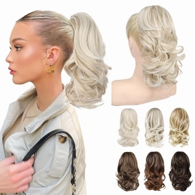 Ponytail Extension, 14" Claw Clip in Ponytail Hair Extensions Natural Soft Synthetic Layered Wavy Pony Tail Hair Pieces for Women - Ash Blonde with Highlights