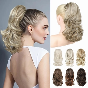 Ponytail Extension, 14" Claw Clip in Ponytail Hair Extensions Natural Soft Synthetic Layered Wavy Pony Tail Hair Pieces for Women - Ash Brown with Highlights