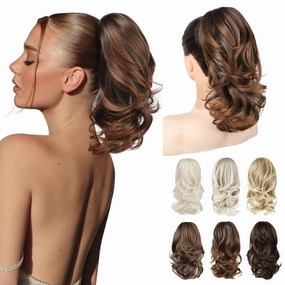 Ponytail Extension, 14" Claw Clip in Ponytail Hair Extensions Natural Soft Synthetic Layered Wavy Pony Tail Hair Pieces for Women - Auburn Brown