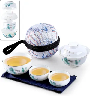 Porcelain Gaiwan Tea Set Travel Tea Set, Mini Ceramic Tea Set, Tea Set Chinese Gongfu Teapot, Tea Pot and Cups Set All in 1 Portable Bag for Outdoor Office Hotel, Ideal Tea Gift for Tea Lovers