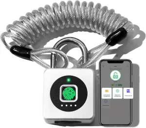 Pothunder Fingerprint Padlock, Fingerprint Lock with APP, Padlock with Steel Cable Keyless Biometric, Smart Padlock Waterproof Suitable for Gym, Locker, Helmet, Gate, Fence, Luggage