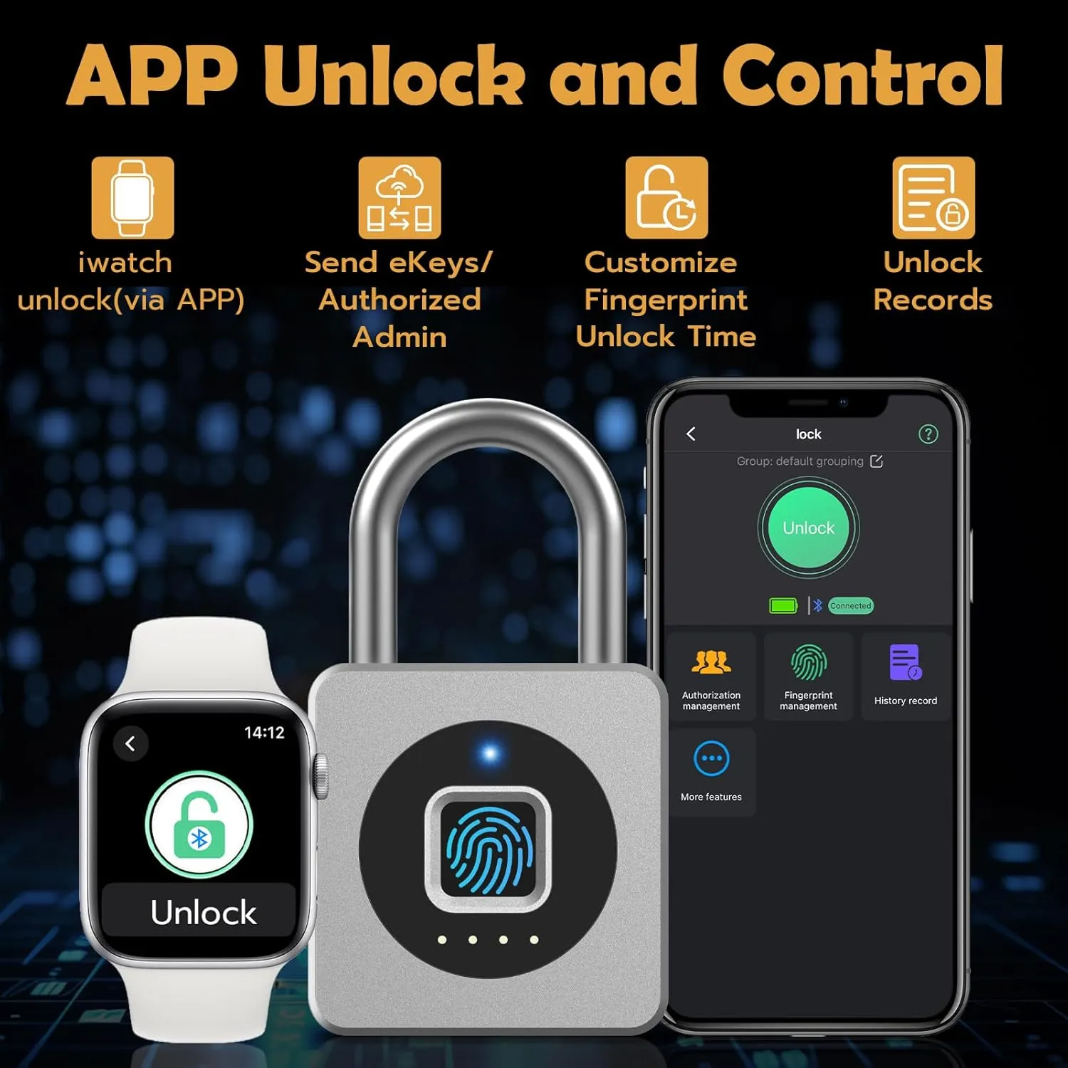 Pothunder Fingerprint Padlock, Fingerprint Lock with APP, Padlock with Steel Cable Keyless Biometric, Smart Padlock Waterproof Suitable for Gym, Locker, Helmet, Gate, Fence, Luggage