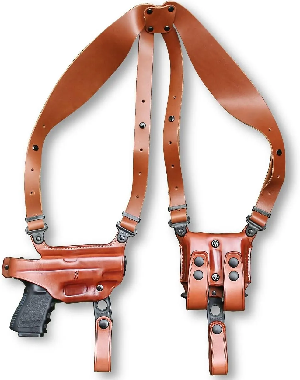 Premium Leather Horizontal Shoulder Holster System with Double Magazine Carrier for Kimber 1911 Ultra II 45 ACP with Crimson Trace Grips 3” BBL, Right Hand Draw, Brown Color #1469#