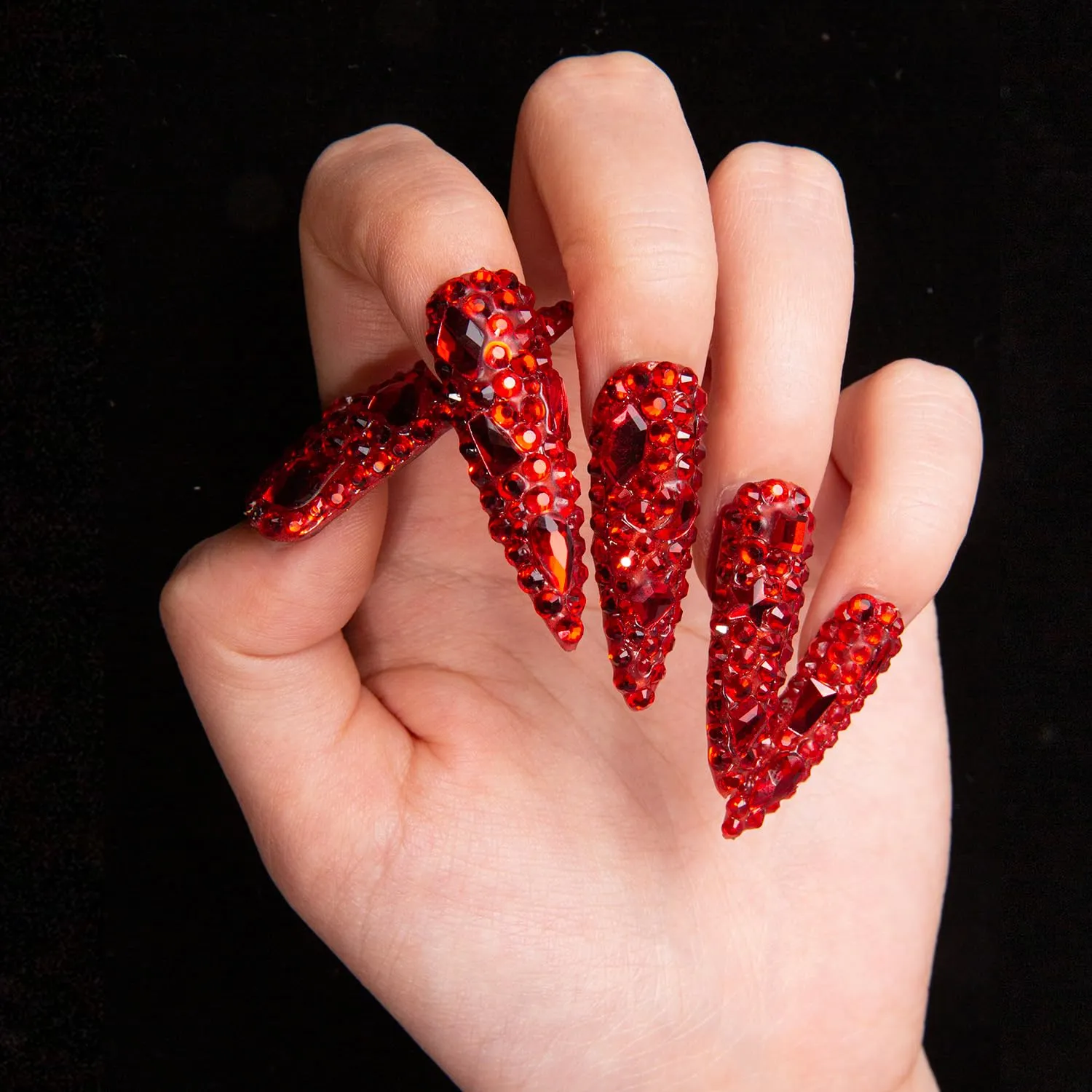 Press on Nails Flaming Luxury Red Stiletto | Handmade with Full Covered Crystals| Reusable Fake Nails | Stiletto Mid Length 1.7 in | H39-S