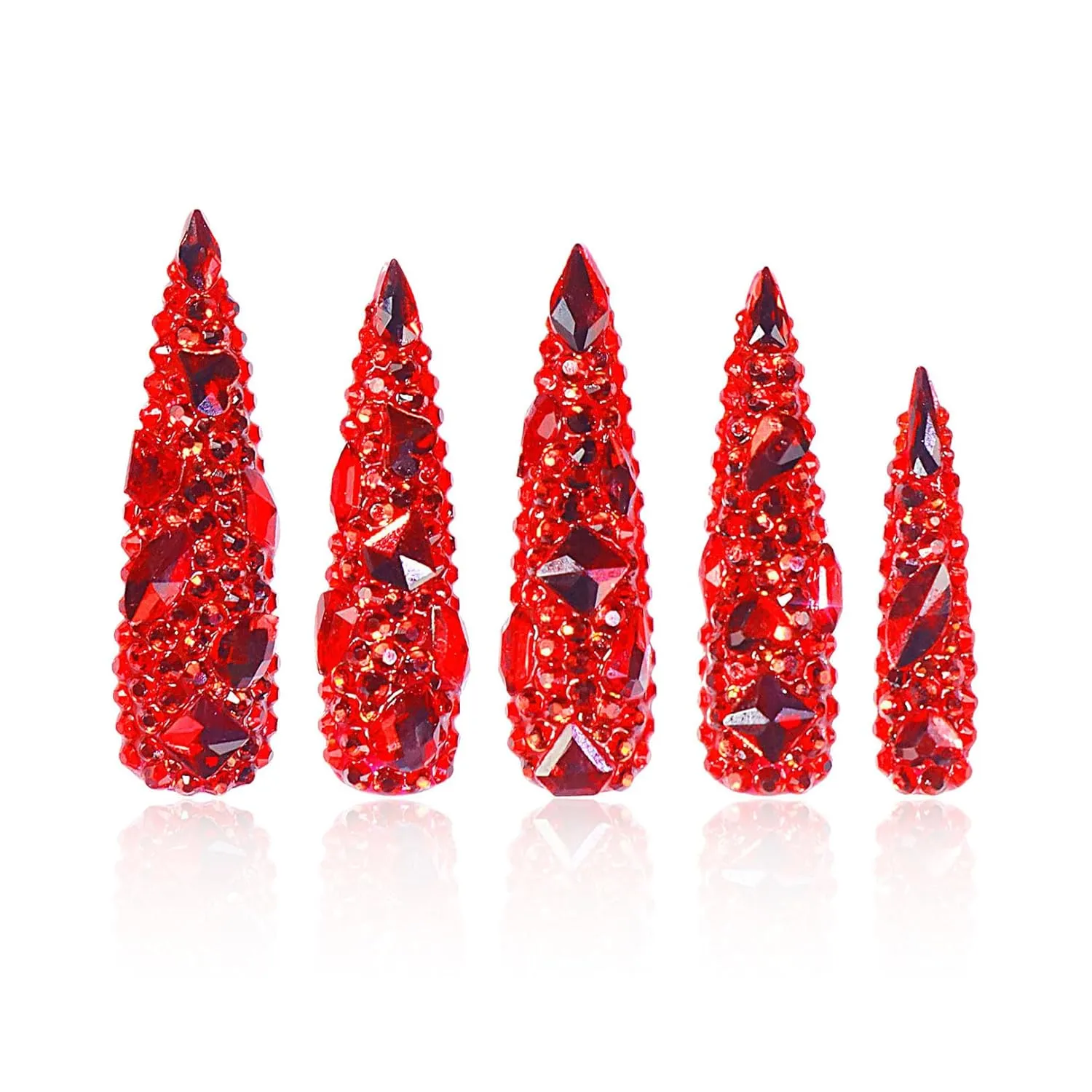 Press on Nails Flaming Luxury Red Stiletto | Handmade with Full Covered Crystals| Reusable Fake Nails | Stiletto Mid Length 1.7 in | H39-S