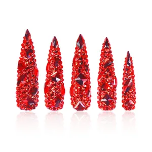 Press on Nails Flaming Luxury Red Stiletto | Handmade with Full Covered Crystals| Reusable Fake Nails | Stiletto Mid Length 1.7 in | H39-S