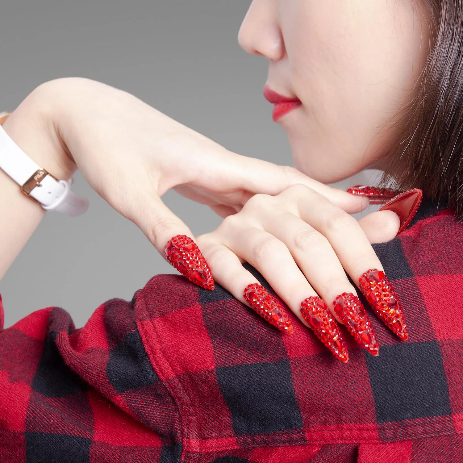 Press on Nails Flaming Luxury Red Stiletto | Handmade with Full Covered Crystals| Reusable Fake Nails | Stiletto Mid Length 1.7 in | H39-S