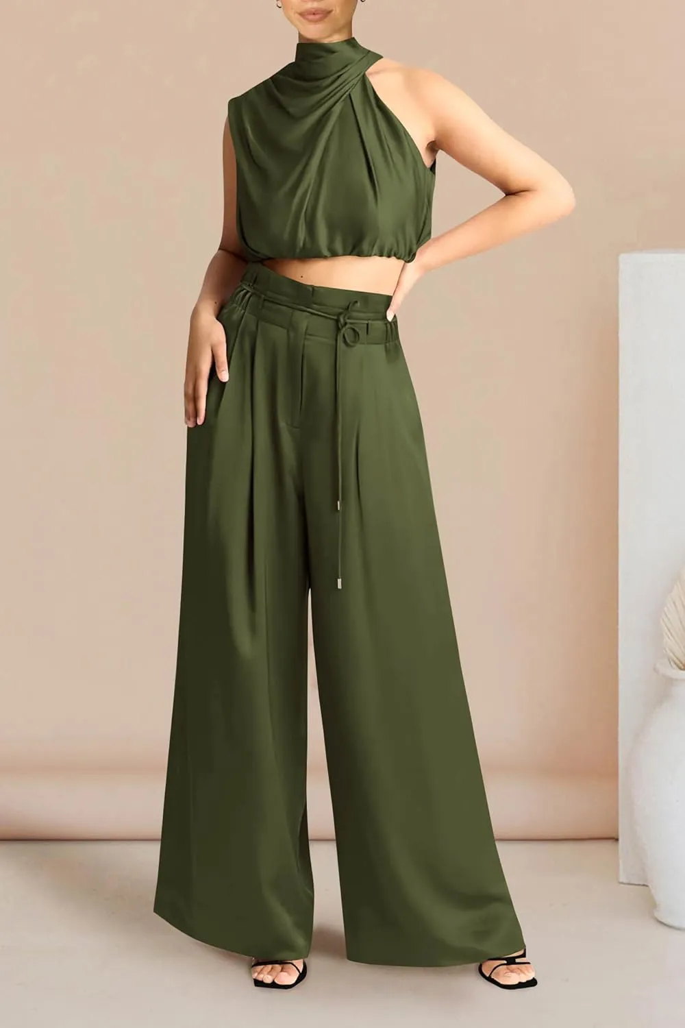PRETTYGARDEN Women's 2 Piece Outfits 2025 Summer Casual Sleeveless Mock Neck Crop Tops Wide Leg Pants Set