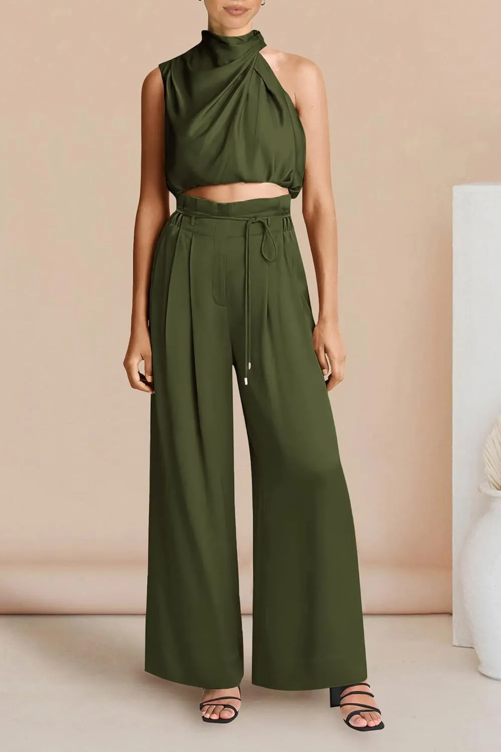 PRETTYGARDEN Women's 2 Piece Outfits 2025 Summer Casual Sleeveless Mock Neck Crop Tops Wide Leg Pants Set