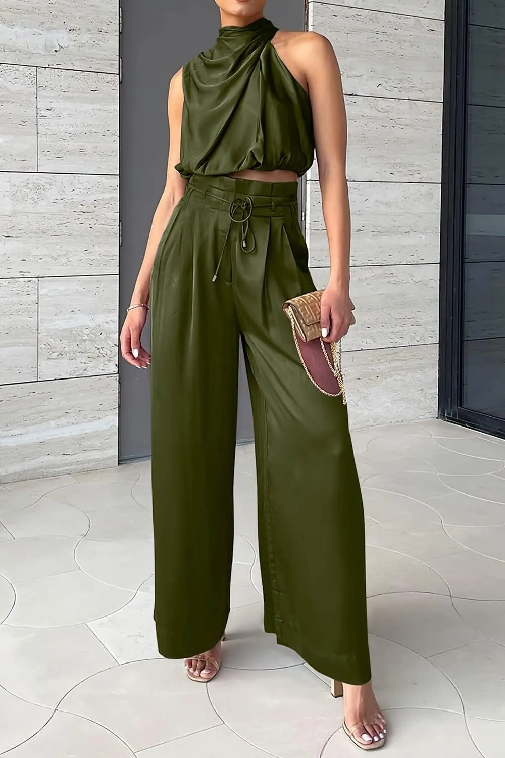 PRETTYGARDEN Women's 2 Piece Outfits 2025 Summer Casual Sleeveless Mock Neck Crop Tops Wide Leg Pants Set