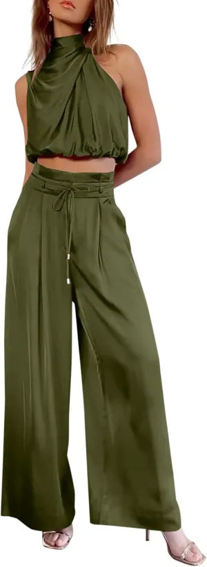 PRETTYGARDEN Women's 2 Piece Outfits 2025 Summer Casual Sleeveless Mock Neck Crop Tops Wide Leg Pants Set