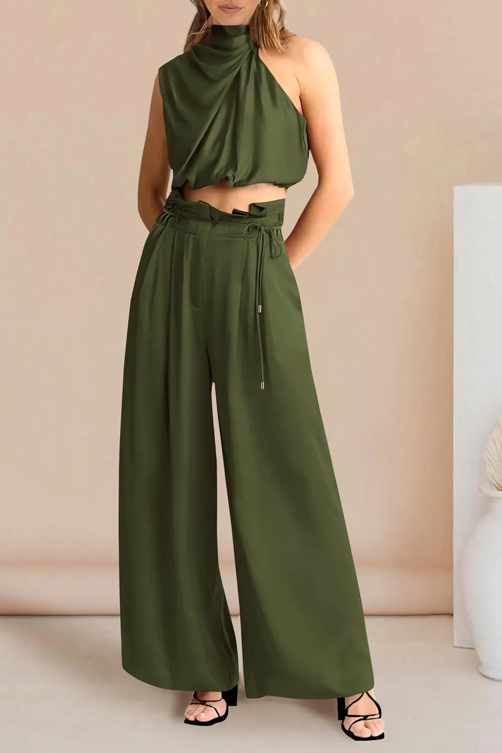 PRETTYGARDEN Women's 2 Piece Outfits 2025 Summer Casual Sleeveless Mock Neck Crop Tops Wide Leg Pants Set