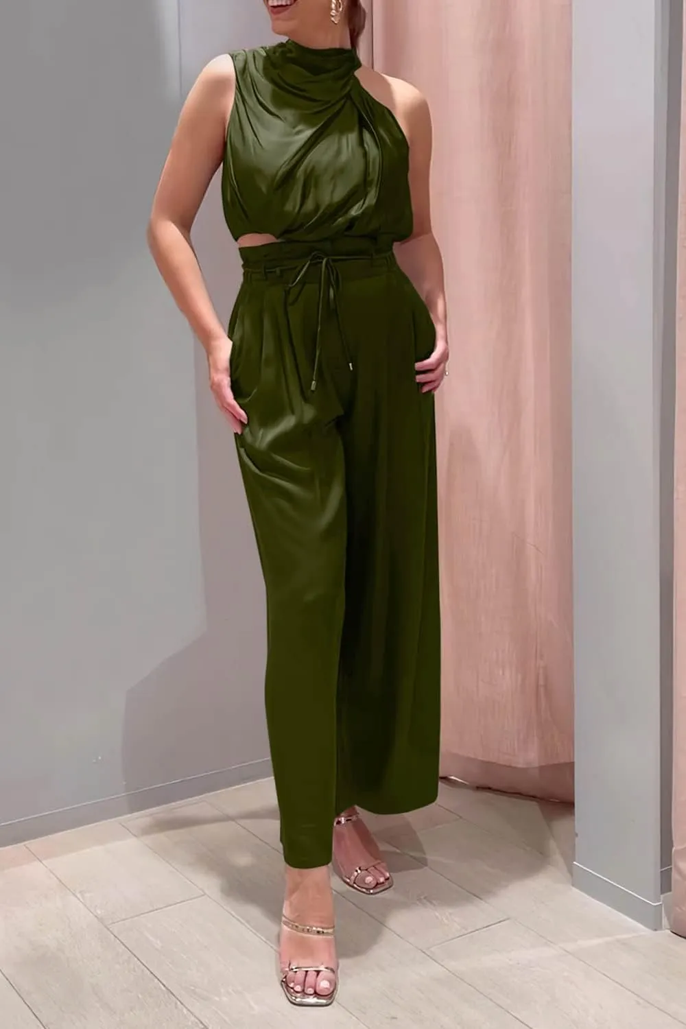 PRETTYGARDEN Women's 2 Piece Outfits 2025 Summer Casual Sleeveless Mock Neck Crop Tops Wide Leg Pants Set