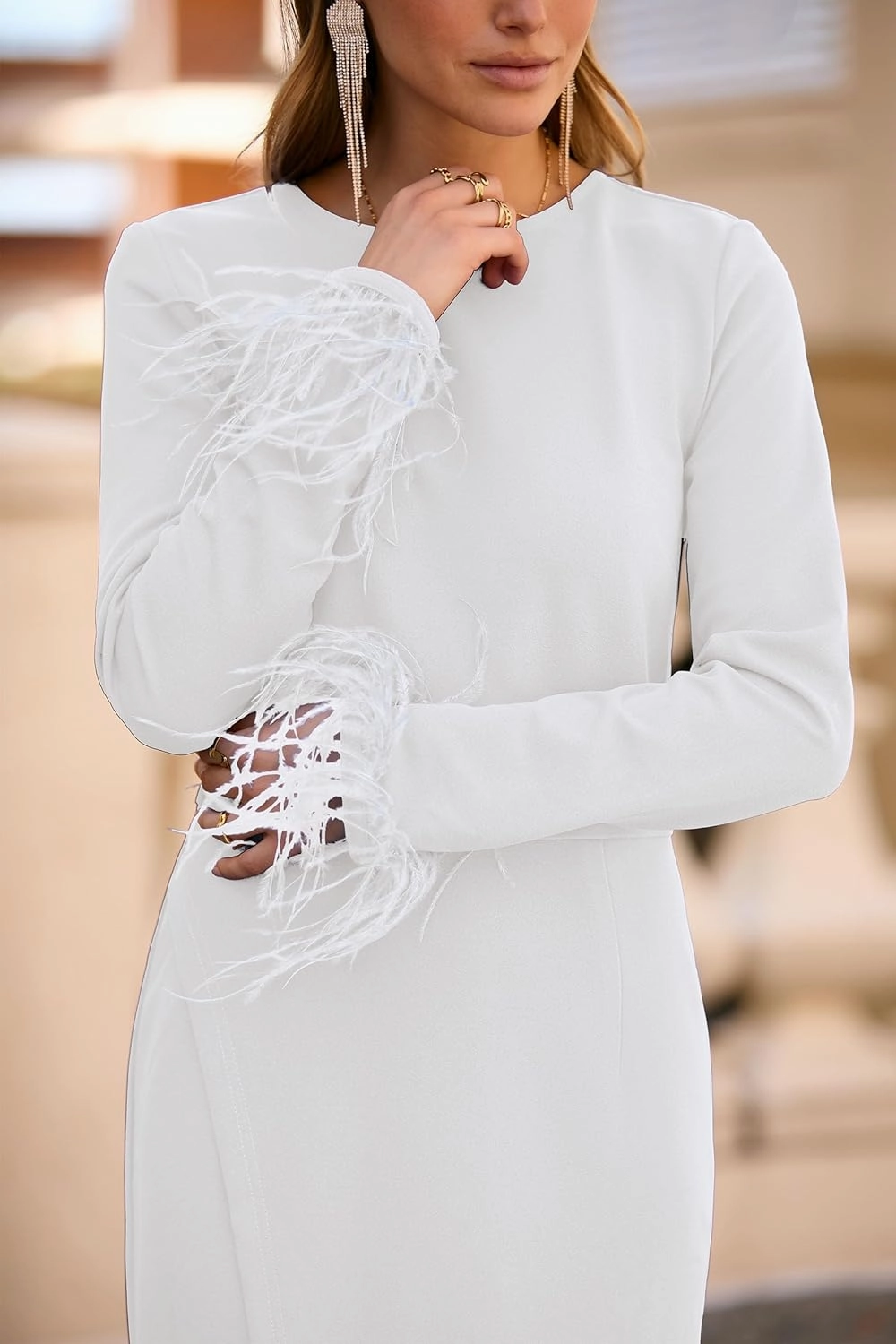 PRETTYGARDEN Women's 2025 Fall Long Sleeve Dress Formal Midi Bodycon Wrap Slit Feather Elegant Wedding Guest Cocktail Dresses