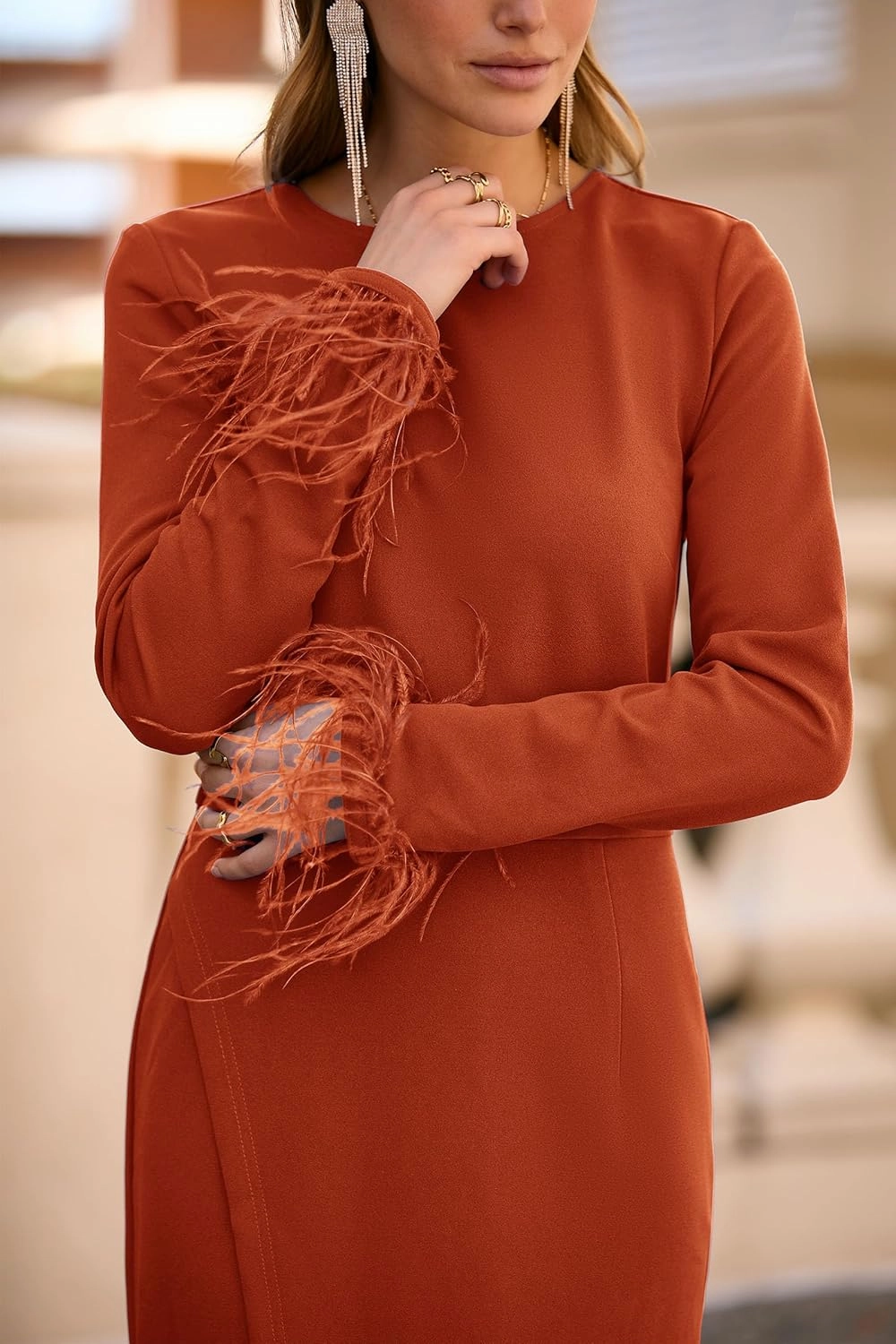 PRETTYGARDEN Women's 2025 Fall Long Sleeve Dress Formal Midi Bodycon Wrap Slit Feather Elegant Wedding Guest Cocktail Dresses