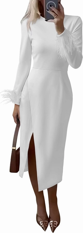 PRETTYGARDEN Women's 2025 Fall Long Sleeve Dress Formal Midi Bodycon Wrap Slit Feather Elegant Wedding Guest Cocktail Dresses