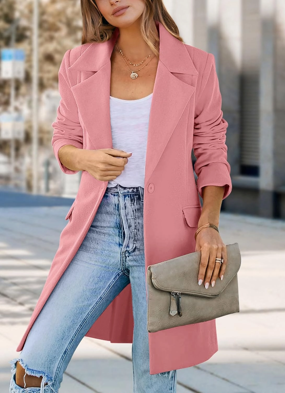 PRETTYGARDEN Women's 2025 Spring Fall Long Blazer Jackets Long Sleeve Lapel Pockets Loose Fit Work Casual Blazers Outerwear
