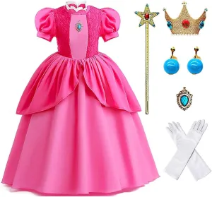 Princess Peach Costume Dress for Girls Kids, Super Bros Princess Peach Cosplay Halloween Party Dress Up Suit 3-12Y
