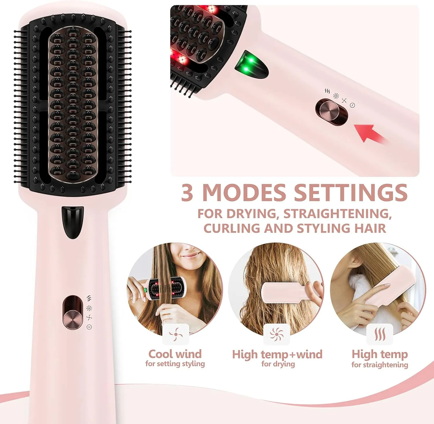 Prizm One-Step Hair Dryer Straightening Brush, Hair Straightener Brush with 3 Control Modes, Negative Ion & Infrared Technology for Smooth, Frizz-Free Hair, Anti-Scald, Pink