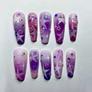 Purple Galaxy Star Press On Nails, Ombre Glitter Nail Art, Ethereal Purple Ombre Nails with Stars, Perfect for Party, Birthday Nails
