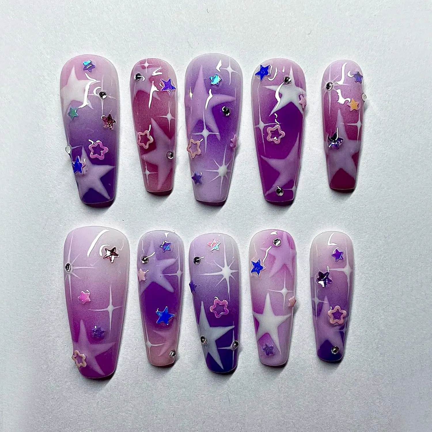 Purple Galaxy Star Press On Nails, Ombre Glitter Nail Art, Ethereal Purple Ombre Nails with Stars, Perfect for Party, Birthday Nails