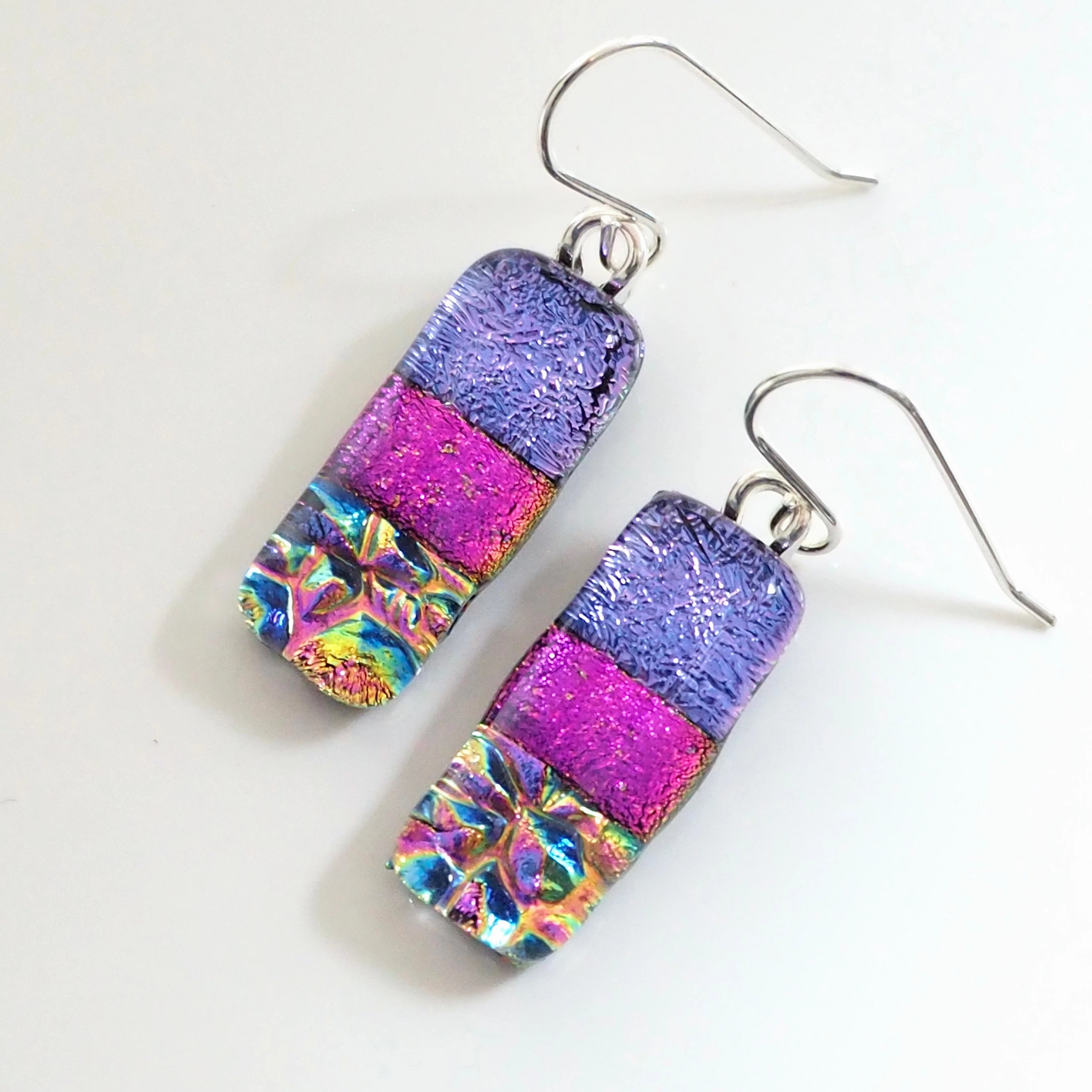 Purple pink and blue dichroic glass earrings