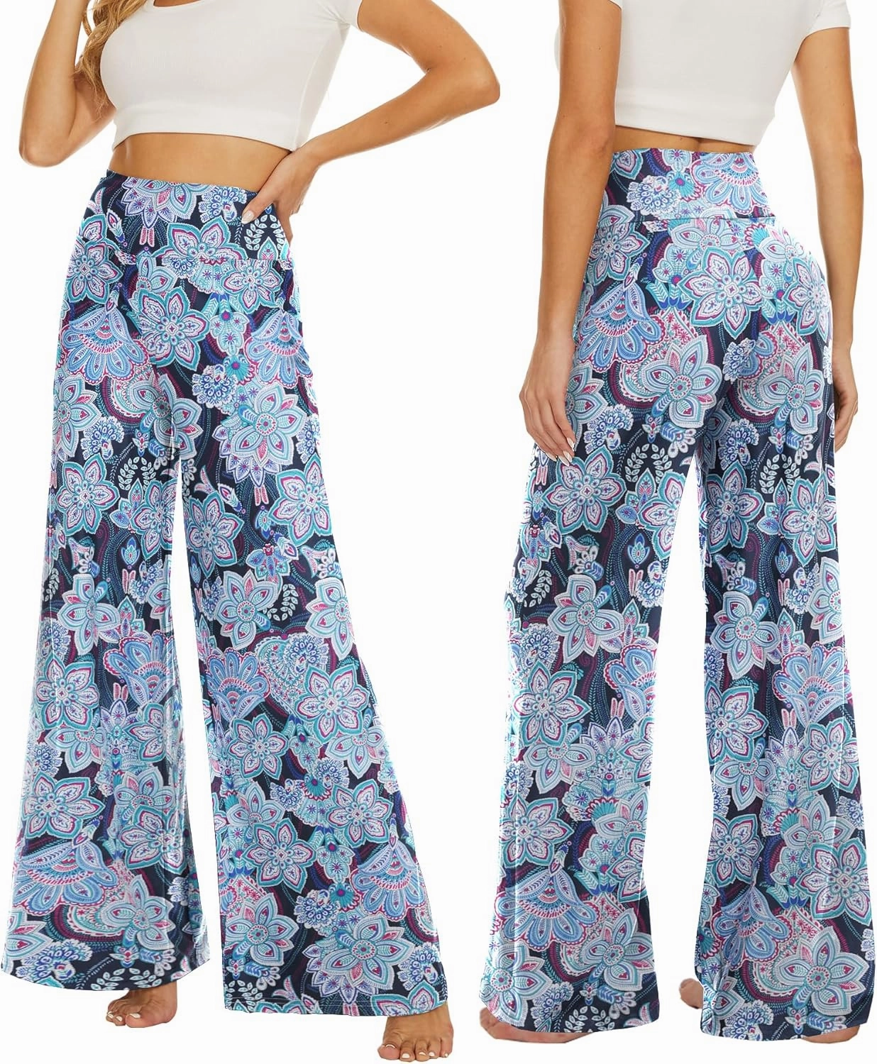 QGGQDD Wide Leg Palazzo Pants for Women - Casual Soft High Waist Lounge Pants Loose Comfy Stretchy Trousers